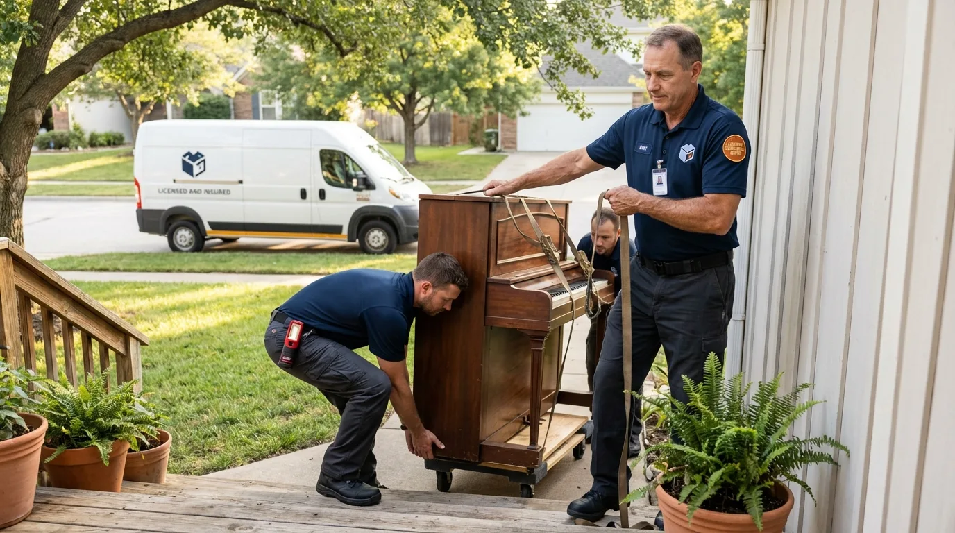 Licensed piano movers securing grand piano in Pleasant Hill, NC