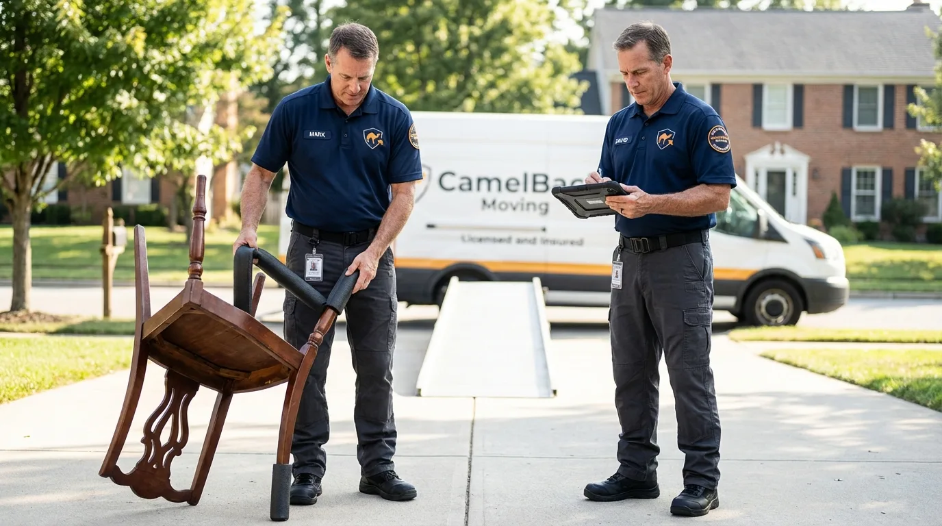 Movers inspecting furniture for damage prevention before loading in Pleasant Hill, NC