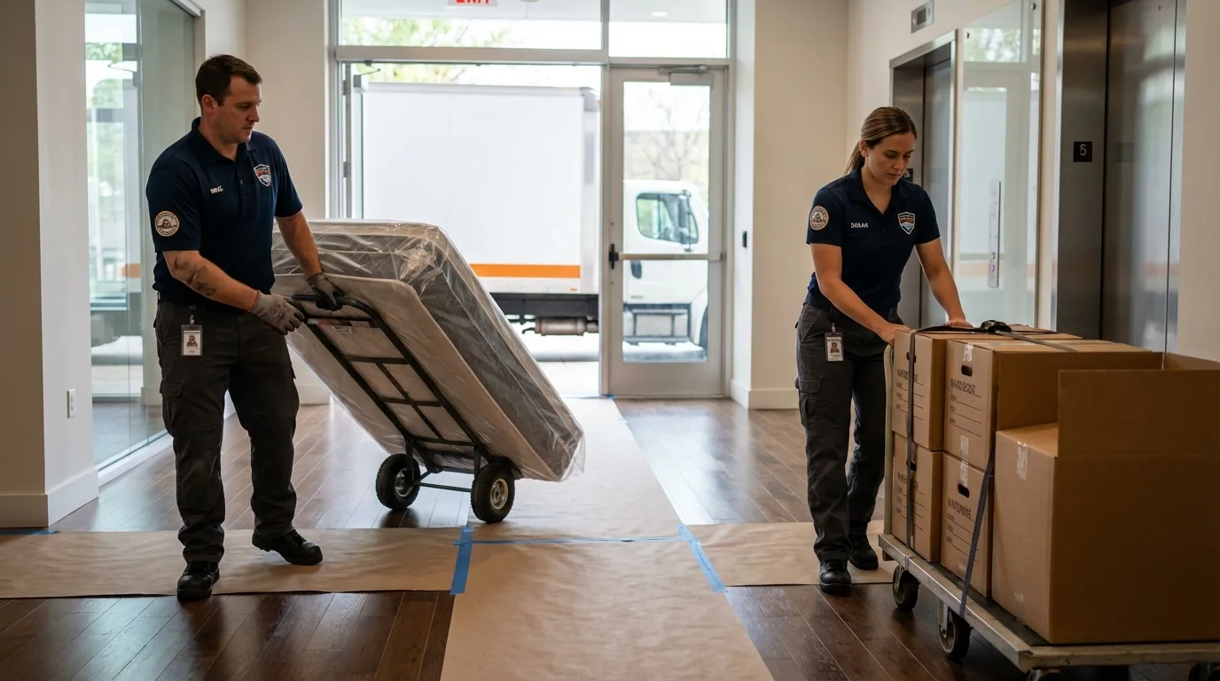 Professional apartment movers loading elevator in Pleasant Hill, NC